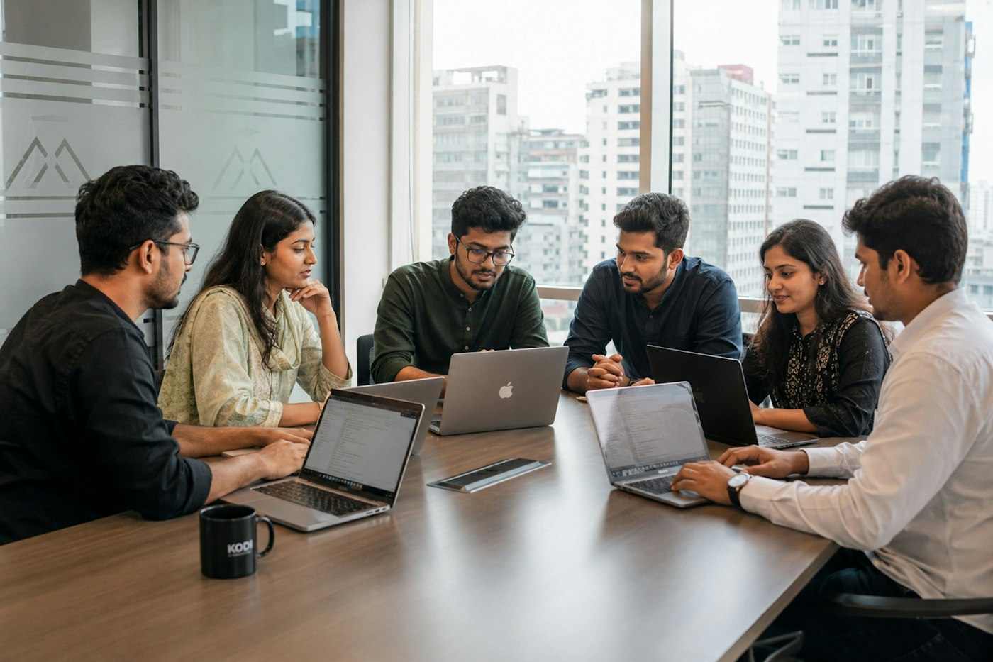 A founding team gathered around a laptop, reviewing their progress together